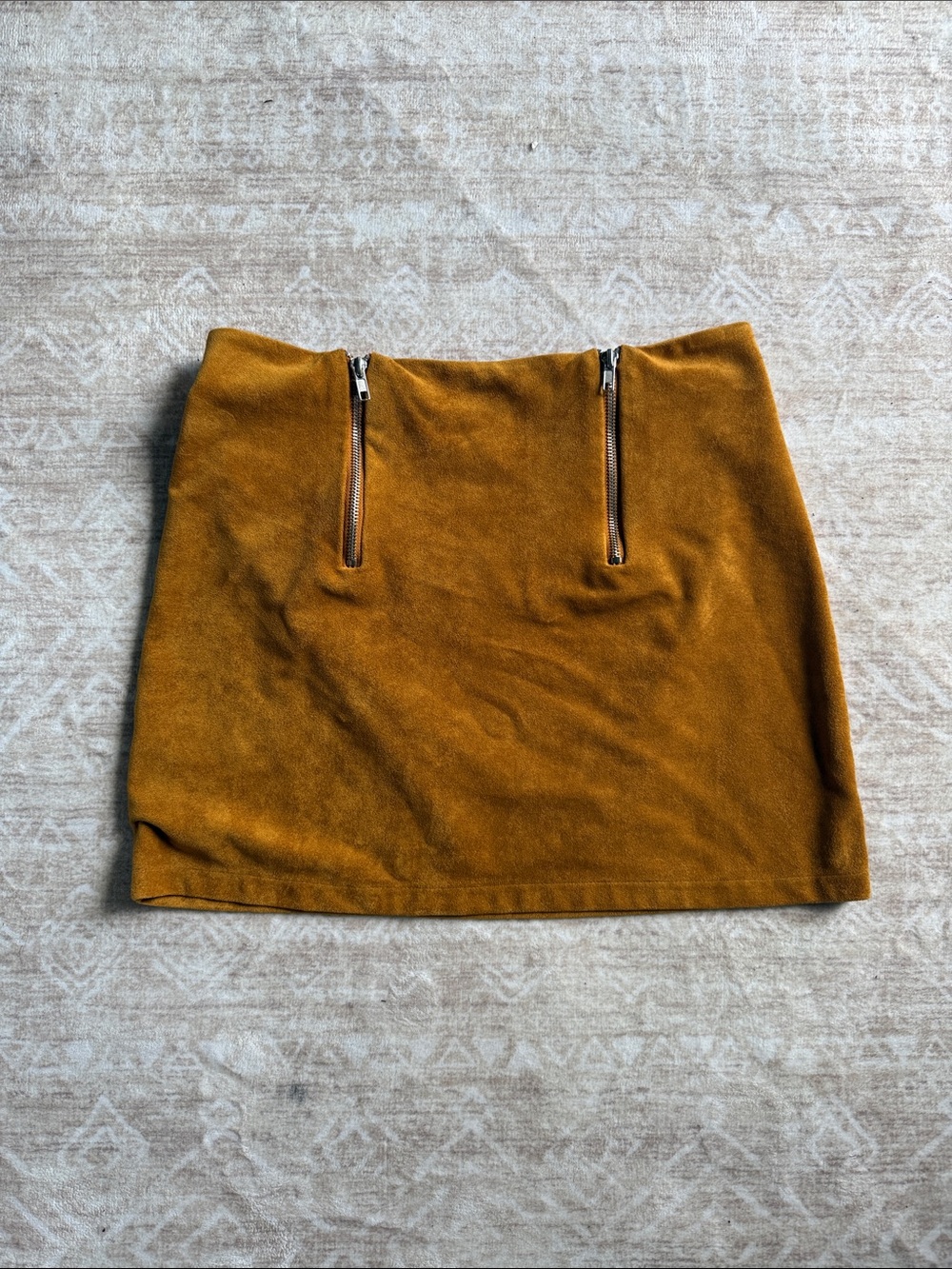 Mustard Faux Suede Mini Skirt with Front Zippers